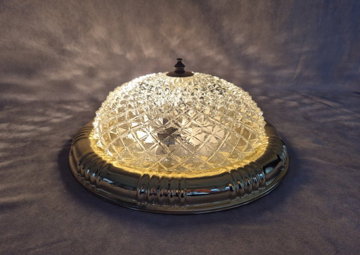 Vintage Glass Ceiling Light Ø32 cm, Flush Mount, E27 Socket, Gold Tone Metal Frame, Mid-Century Style