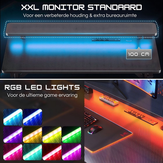 Image 1 of Five Stars® Game Bureau - 100x50x75 cm - Game Bureau met LED Verlichting - Zwart Carbon