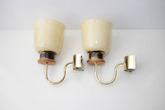 Image 1 of Set of 2 wall lamps brass glass shade 80s J Vintage