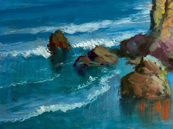 Image 1 of Original Oil Painting Summer Rock Landscape Waves crash against the rocks