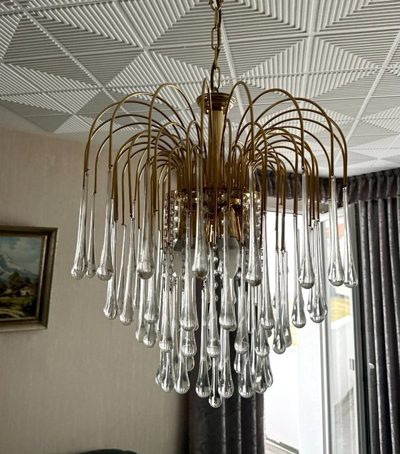 Lampadario a cascata con gocce di cristallo di Murano italiano, ottone dorato, Venini, vintage anni '70 (photo 4 of 6)
