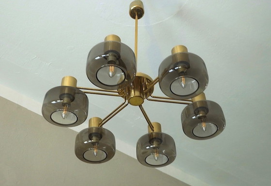 Image 1 of Large Brass and Glass Chandelier by Hans-Agne Jakobsson, Sweden 1960s