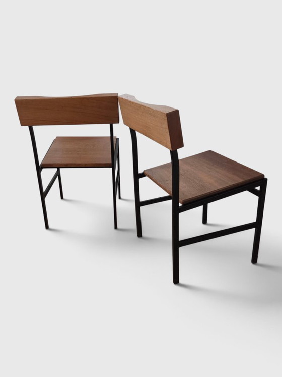 2 Nordic (Deens) Vintage Teakhouten Stoelen, Zwart Frame En Teakhout – Eetkamerstoelen, Wood, Iron (photo 5 of 7)