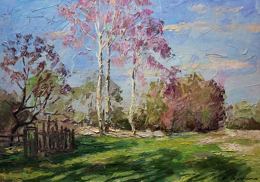 Peinture à l'huile originale Paysage nature Prairie Arbres Banlieue