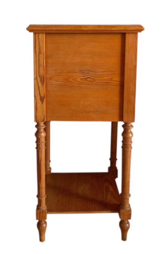 Solid pine marquetry bedside table, marble top, 37x37x81cm, 1940s, Art Deco, Émile Gallé style – Nightstands (photo 6 of 12)