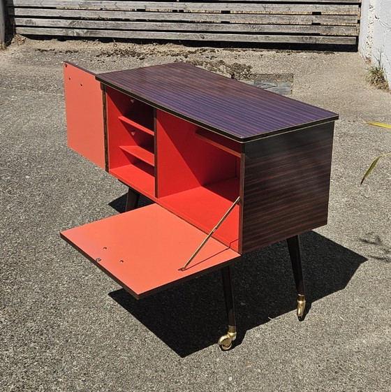 Image 1 of Mid-Century Formica Bar Trolley - Bar Cabinet - Mahogany Style - 60s