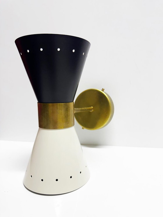 Wandleuchte Diabolo Design 1950, Wandleuchten, Metall, Messing, Schwarz, Mid Century Modern (Foto 2 von 8)