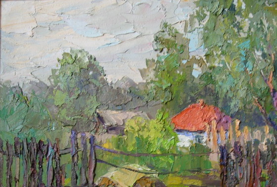 Origineel Olieschilderij Landelijk Landschap Zomerdorp Wit Huis – Schilderijen & Tekeningen, Canvas (photo 6 of 8)