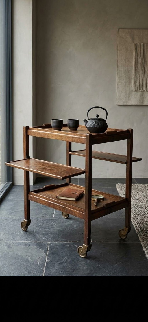 Klassiek Engelse strakke Vintage Mid-Century theewagen, Drankentrolley, Opklapbaar Design