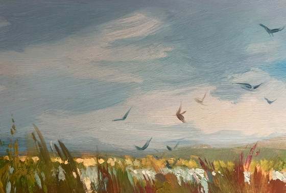 Image 1 of Peinture à l'huile originale représentant un paysage côtier fluvial, avec des pêcheurs parmi les roseaux.