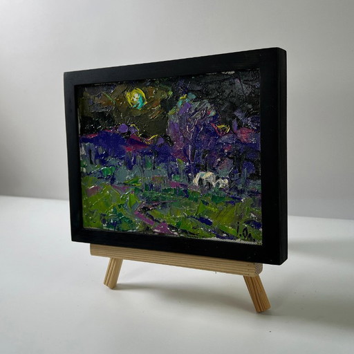 Original Oil Painting Summer Nature Landscape Bright Blue Night – schilderijen tekeningen, Canvas (photo 2 of 8)