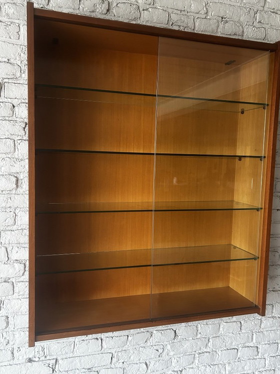 Wall display cabinet with glass sliding doors, brown wood, Mid Century Modern (photo 4 of 14)