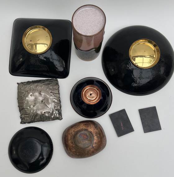Image 1 of Mid-Century Copper Enamel Collection of Handcrafted Bowls & Vases (9 pieces)
