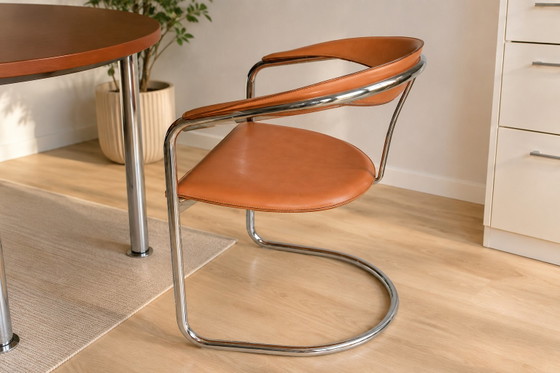 PARADOR Design Eetkamerset 1987 | Originele showroom | 5 leren en chromen stoelen & ronde tafel – Leather (photo 3 of 12)