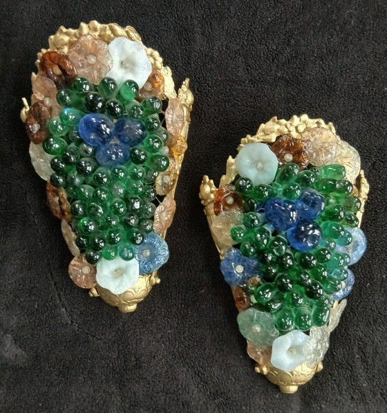 Image 1 of Murano-Wandleuchten – farbige Trauben, Glasrosette, bronzene Seeanemone