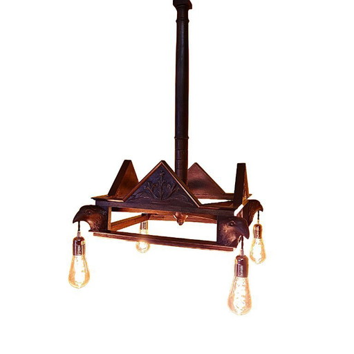 Lámpara colgante francesa de madera con cabezas de águila de alrededor de 1900