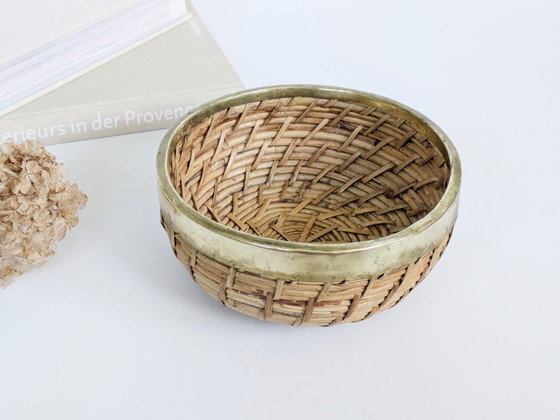 Image 1 of Vintage Rattan Brass Bowl Gabriella Crespi Style 1970s Handwoven Fruit Basket