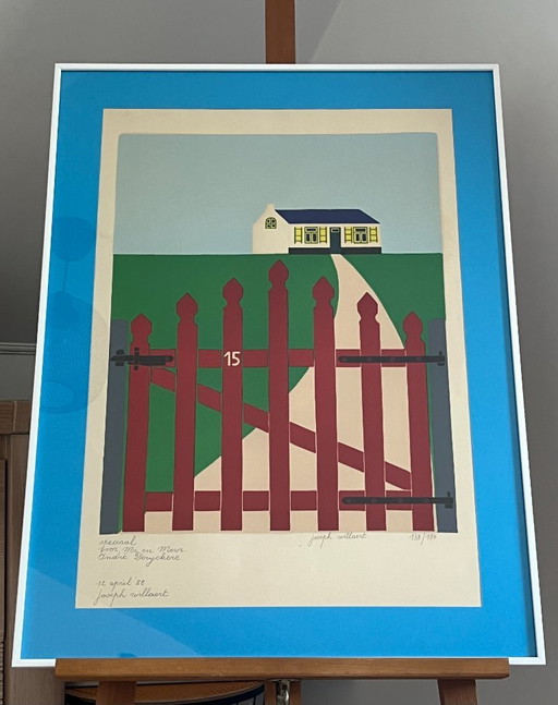 Joseph Willaert - Rood Hekken Met Huisje In De Achtergrond - 1988 – lithos zeefdrukken, Aluminium