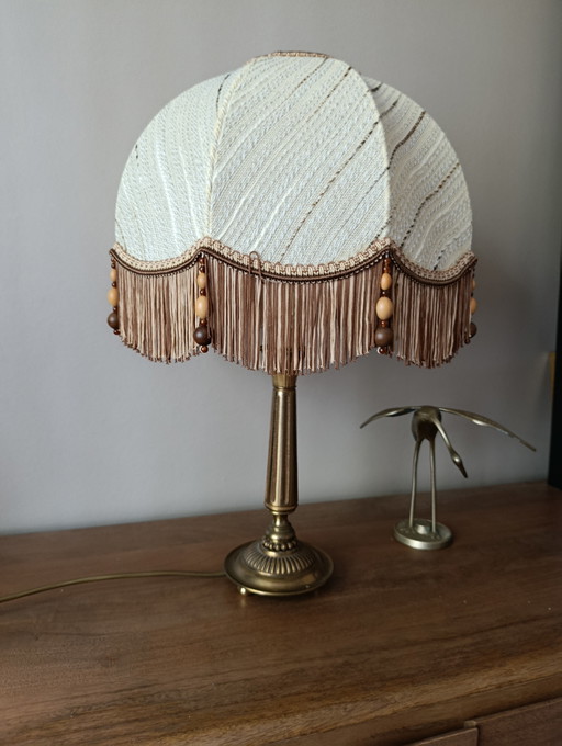 Gilded bronze furniture lamp, silk dome shade and vintage beads