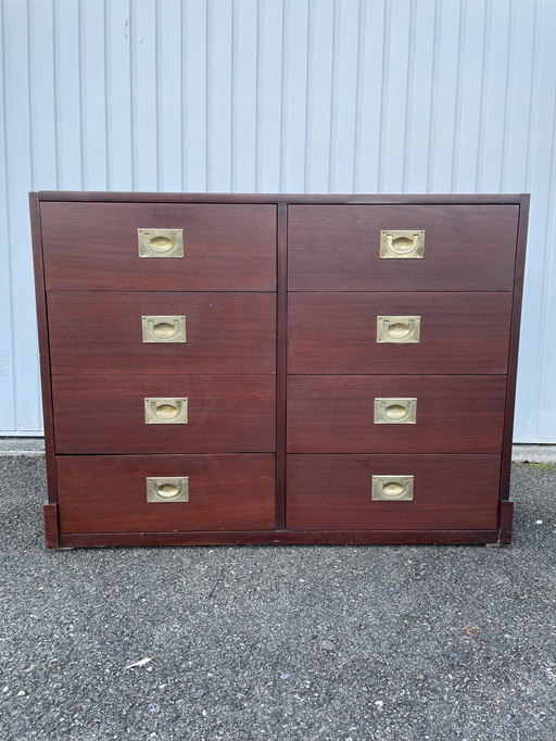 Mid - Century Teak And Gold Brass Chest Of Drawers In The Henredon Style