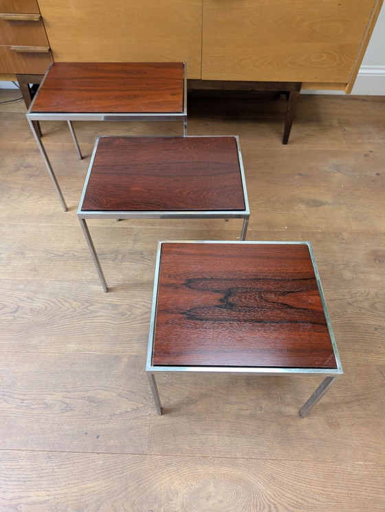 3x mimiset Side tables by Cees Braakman for Pastoe, polished steel, Wood, Brown (photo 4 of 6)
