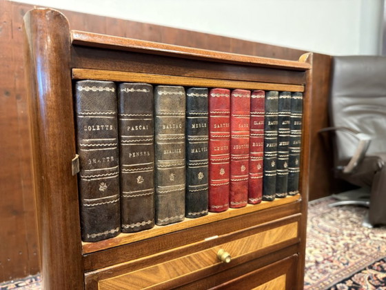 Set of Classic English Nightstands with Books and Marquetry, Leather, Wood, Brown (photo 9 of 14)