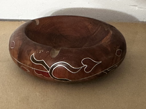 Vintage Ashtray in Painted Olive Wood and Enhanced with Silver Thread