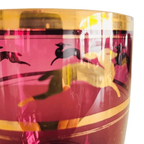 Image 1 of Antique small glass vase, amethyst, purple glass, golden deer, 1930s