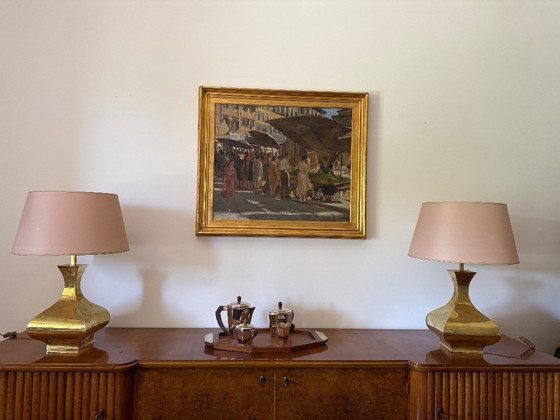 Image 1 of Hollywood regency set van 2 messing tafellampen mod. Piramide, High Society Italië 1970