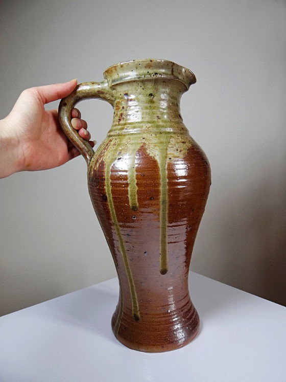 Image 1 of Impressive French stoneware pitcher from the 1960s-70s with a Japanese-inspired ash glaze