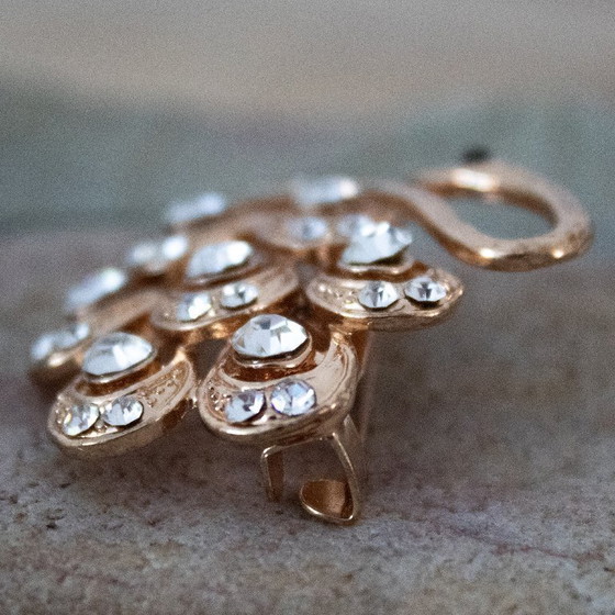 Image 1 of Vintage rose gold metal swan brooch with rhinestones