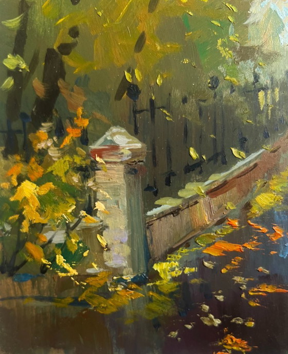 Image 1 of Peinture à l'huile originale, paysage urbain d'automne. Promenade dans un parc urbain en automne.