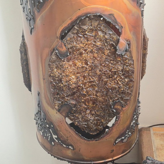 Image 1 of Vintage brutalistische vloerlamp uit 1970 van Accolay, keramiek, hars en koper, jaren 70.