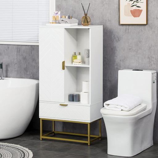 kleankin Armoire Salle de Bain Meuble de Rangement 1 Placard Porte, 2 niches, 1 tiroir - Design Contemporain Graphique - en Bois