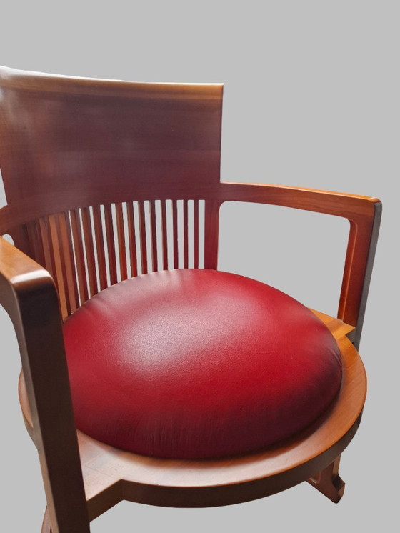 Image 1 of Frank Lloyd Wright Husser Dining Table with Six Barrel Chairs for Cassina in Cherry Wood and Red Leather