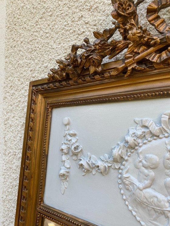 Image 1 of Louis XVI style trumeau mirror in gilded wood with gold leaf, 74x150cm