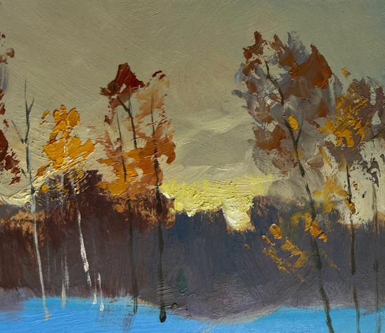 Image 1 of Original Oil Painting Evening Forest Landscape Reflection of a yellow sunset