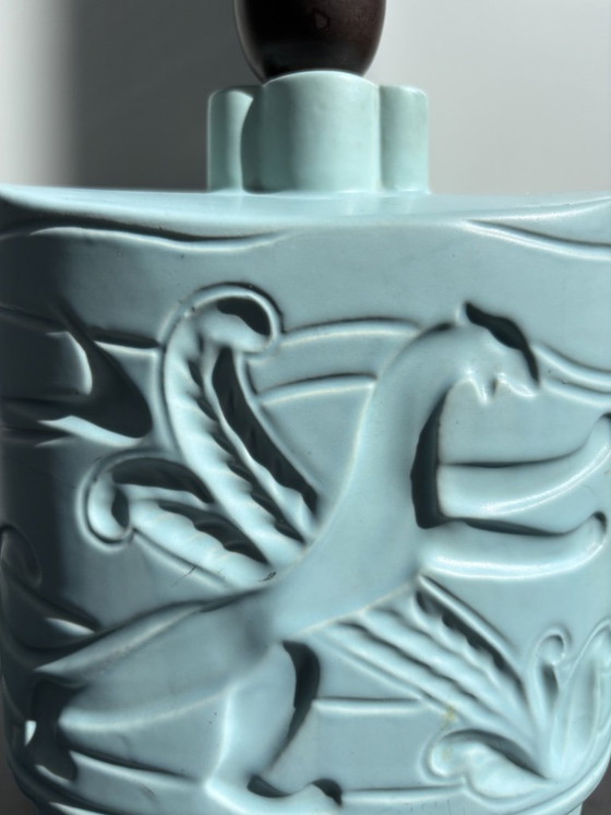 Rara Lampada da tavolo Art Déco danese in ceramica di LYFA – Rilievo Airone Celadon Opaco & Attacco (photo 6 of 15)