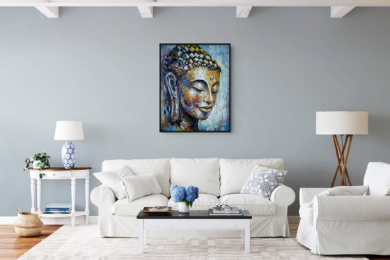 Image 1 of Unique hand-painted Buddha painting "Golden Serenity" – Seksak Jaichumchen – 80 × 100 cm
