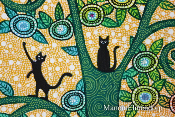 Image 1 of Unique Hand-Painted Small Painting Cats in Tree 30x18 cm