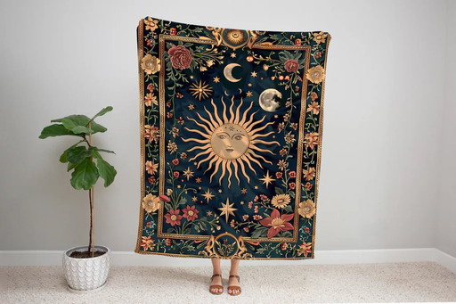 Celestial Sun and Moon Blanket | Whimsical Starry Night Floral Tapestry,
