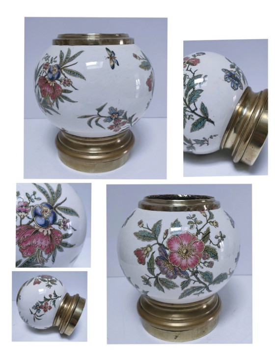 Image 1 of Earthenware and brass ball vase with flowers and insects, early 20th century