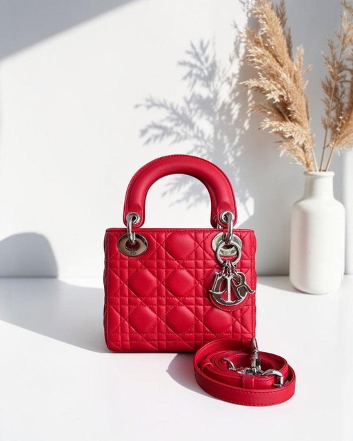 DIOR LADY MINI - PELLE DI AGNELLO CANNAGE ROSSO, DETTAGLI ARGENTO, CINTURINO REGOLABILE