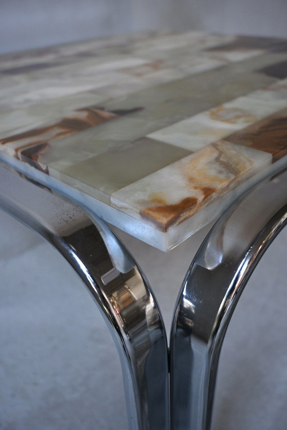 Vintage 70s Design Side Table, Onyx Mosaic & Chrome – Coffee tables, Stone, Metal (photo 10 of 12)