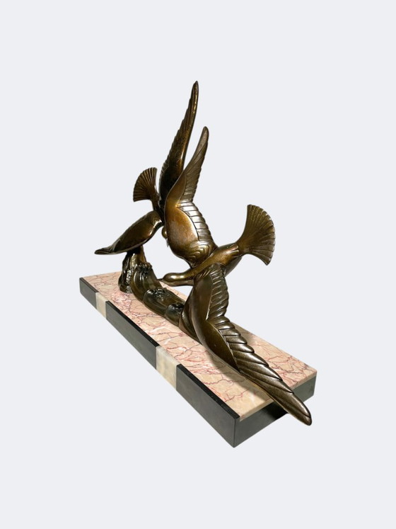 Image 1 of Art Deco Flight of Seagulls Spelter Statue - French Flying Sea Birds Patinated Cast Metal Figures on Marble Base 