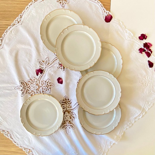 Set of 6 antique off-white porcelain dessert plates with gold trim, Limoges ULIM