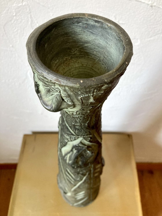 Image 1 of Long, slender vase with stylized Brutalist decoration, in the style of Ballesti (Gerona), 1970s