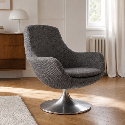 Fauteuil lounge pivotant style années 60 – Piètement tulipe en aluminium à retour automatique – draaistoelen, Textile