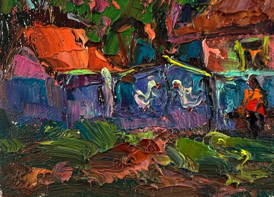 Original Oil Painting Summer Village Landscape Rural Evening in the Yard – Paintings & Drawings, Canvas (photo 6 of 8)
