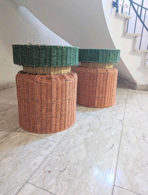 2x Set tables d'appoint danoises tabourets meubles de jardin en rotin
